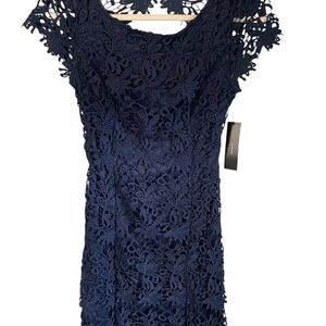 Lulus Navy Blue Lace Cap Sleeve Open Back Cocktail Dress Size S